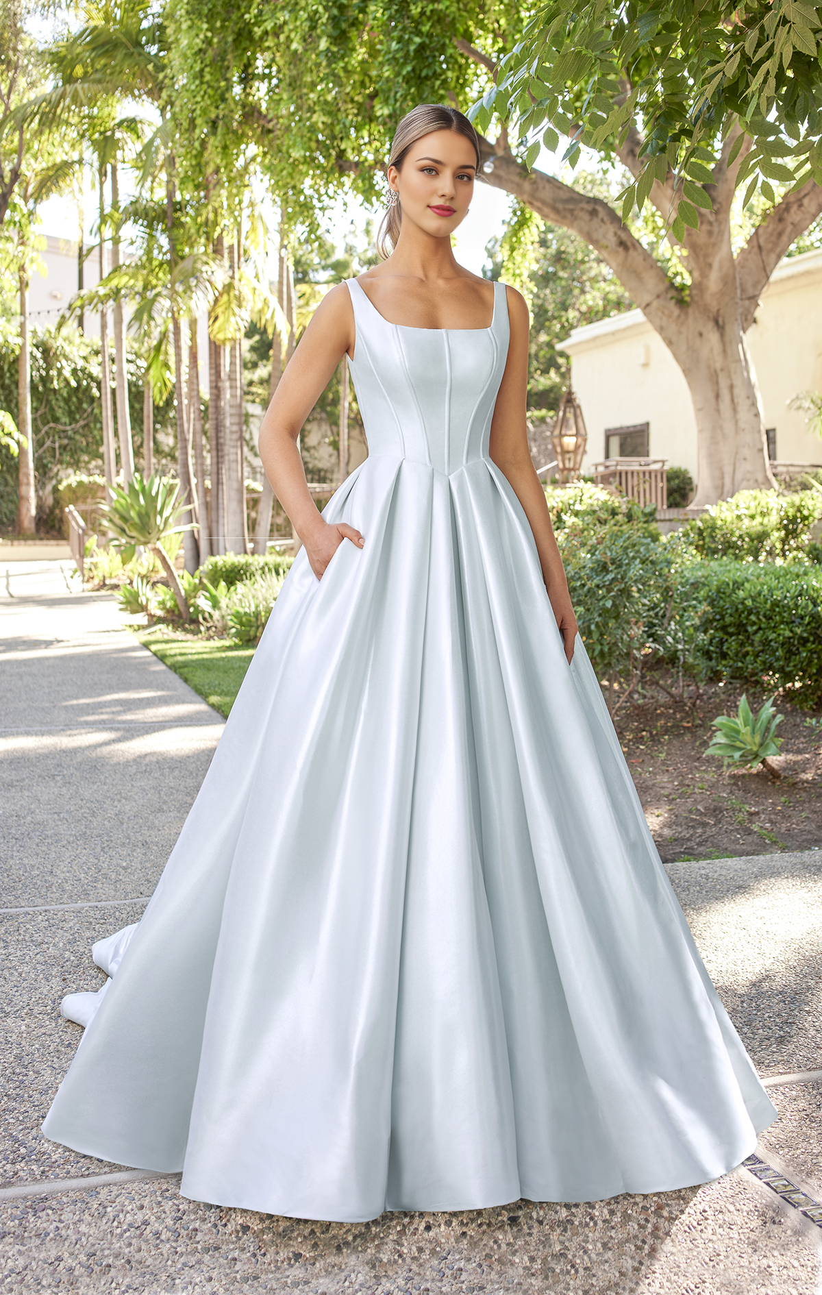 A-line square neckline tight fitting corset sleeveless backless and floor length wedding dress